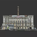 Detailed Architectural Model of Industrial Building Complex with Chimneys and Intricate Roof Design