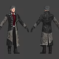 Man Wearing Black Long Coat Red Vest With Decorative Patterns Front Back Character Design Views