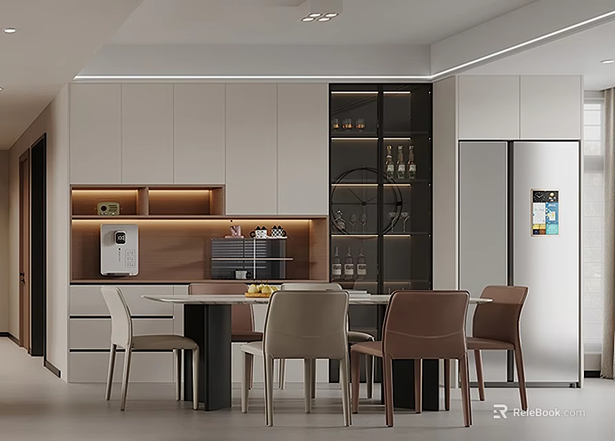 Modern Restaurant Interior With White Cabinets Dining Table Chairs And Glass Door Wine Cabinet 3d model 