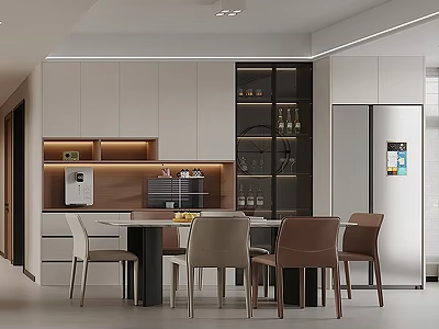 Modern Restaurant Interior With White Cabinets Dining Table Chairs And Glass Door Wine Cabinet 3d model