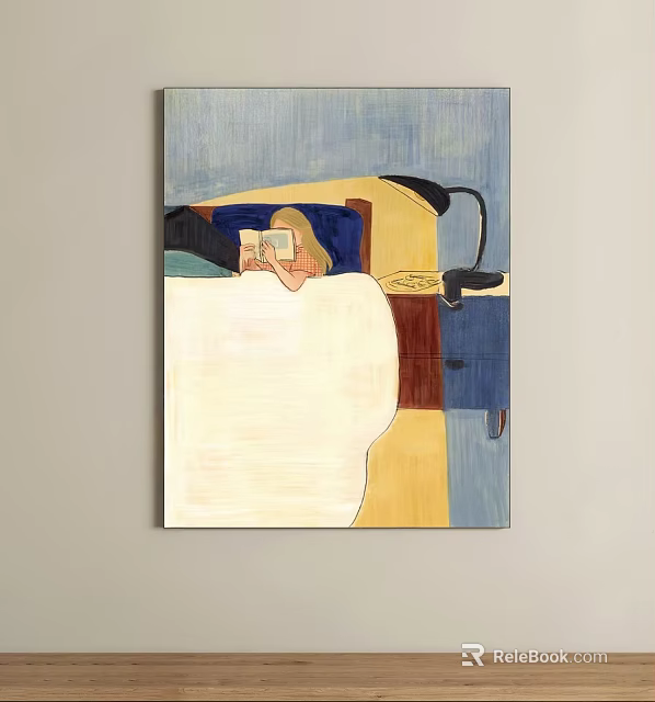 Vibrant Abstract Bedroom Artwork With Reading Figure Soft Lamp And Bed 3d model 