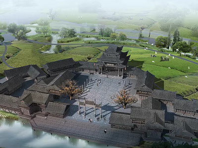 Ancient Architectural Complex with Courtyard River Green Grassland Trees and Stone Paths 3d model