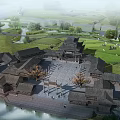 Ancient Architectural Complex with Courtyard River Green Grassland Trees and Stone Paths