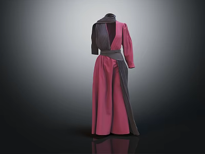 Stylish Pink And Gray Long Robe With Waist Belt And Long Sleeves Design 3d model