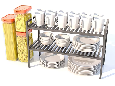Practical Kitchen Storage Shelf With White Mugs Plates Bowls And Pasta Containers 3d model