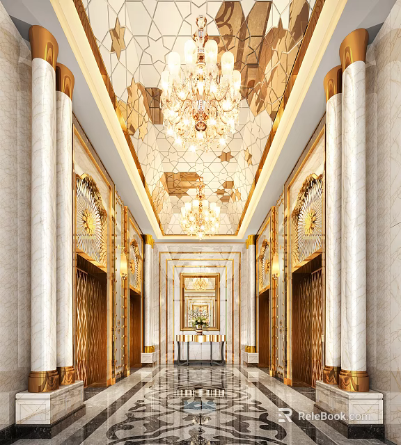 Luxurious Elevator Hallway With Crystal Chandeliers Marble Walls And Golden Decorations 3d model 