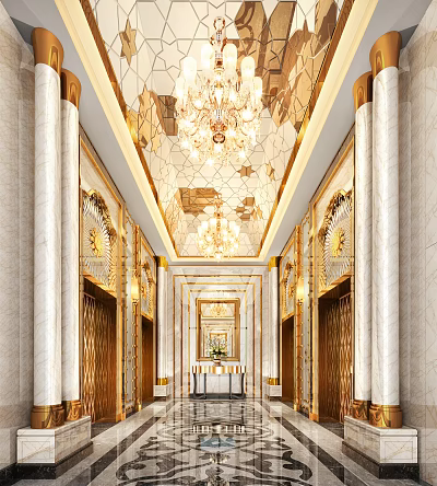 Luxurious Elevator Hallway With Crystal Chandeliers Marble Walls And Golden Decorations 3d model