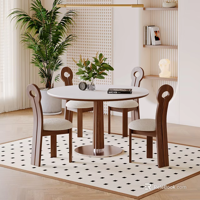 Round Table And Chairs Set With Wooden Frame Upholstered Seats Green Plants Bookshelf And Rug 3d model 