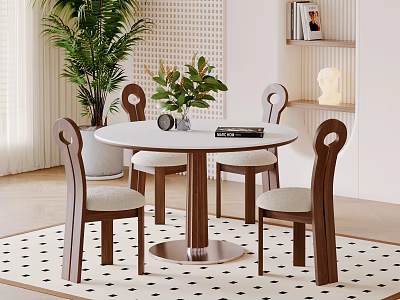 Round Table And Chairs Set With Wooden Frame Upholstered Seats Green Plants Bookshelf And Rug 3d model