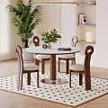 Round Table And Chairs Set With Wooden Frame Upholstered Seats Green Plants Bookshelf And Rug