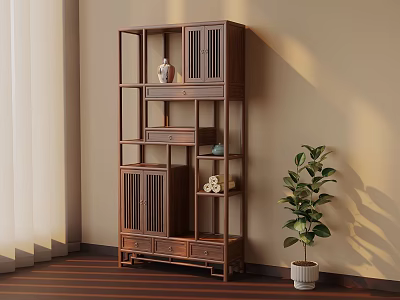 Chinese Style Wooden Display Shelf With Decorative Items And Indoor Plant 3d model