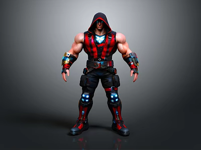 Hooded Muscular Character In Red And Black Outfit With Glowing Blue Accents And Armored Parts 3d model