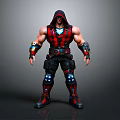Hooded Muscular Character In Red And Black Outfit With Glowing Blue Accents And Armored Parts