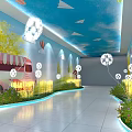 Event Passageway Featuring Blue Ceiling Paper Planes Dandelion Lights Green Plants And Murals