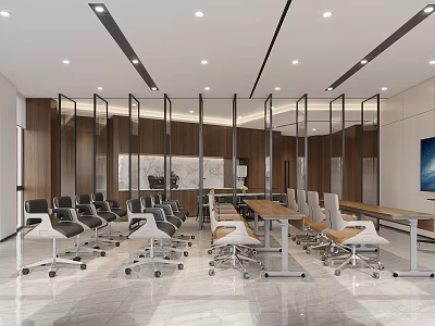 Modern Conference Room Interior Design With Wooden Panels Glass Partitions And Ergonomic Chairs 3d model