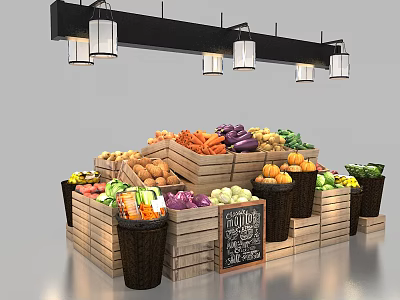 Wooden Display Shelves With Fresh Fruits Vegetables And Baskets For Retail 3d model