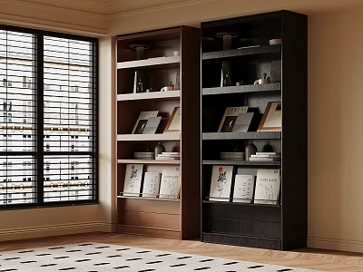 Brown and Black Bookcases with Books Photo Frames and Decorations in Room with Window Blinds 3d model