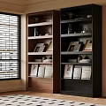 Brown and Black Bookcases with Books Photo Frames and Decorations in Room with Window Blinds