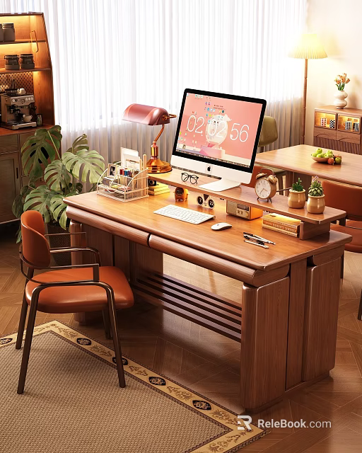 Wooden Home Office Desk With Computer Monitor Desk Lamp Stationery Organizer And Small Potted Plants 3d model 
