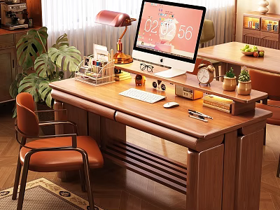 Wooden Home Office Desk With Computer Monitor Desk Lamp Stationery Organizer And Small Potted Plants 3d model