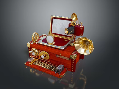 Vintage Retro Assembled Device With Red Wooden Case Golden Decorations Gramophone Horn And Typewriter 3d model
