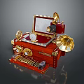 Vintage Retro Assembled Device With Red Wooden Case Golden Decorations Gramophone Horn And Typewriter