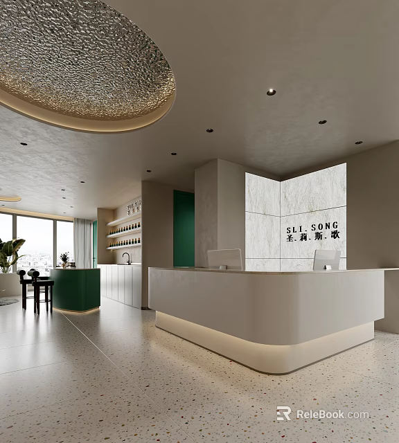 Modern Luxury Beauty Salon With Front Desk Green Accents Marble Wall And Open Space Interior 3d model 