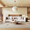 New Chinese Style Living Room New Chinese Style Combination Sofa Coffee Table New Chinese Style Sofa Background Wall Floor Lamp Spherical Chandelier Sideboard 3d model