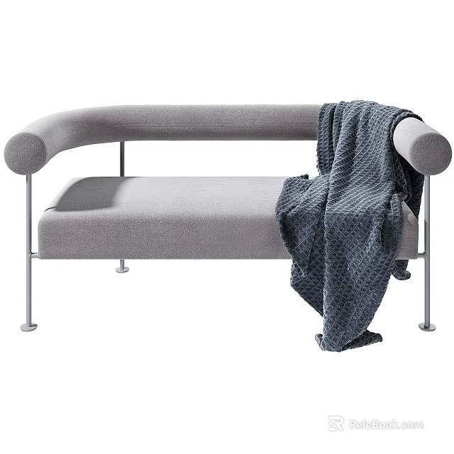 Modern Gray Double Sofa With Rounded Armrests And Metal Legs Featuring Knitted Blanket 3d model 