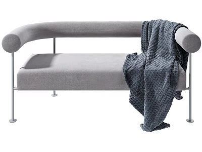 Modern Gray Double Sofa With Rounded Armrests And Metal Legs Featuring Knitted Blanket 3d model
