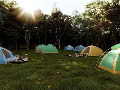 Scenic Forest Camping Landscape With Colorful Tents On Green Meadow And Sunlight Through Trees 3d model