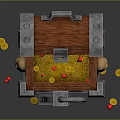 Open Wooden Treasure Chest With Metal Lock And Scattered Gold Coins Inside