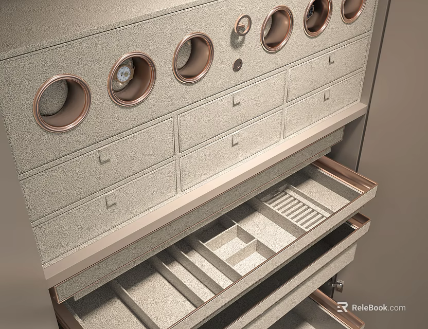 Elegant Decorative Cabinet With Multiple Drawers Circular Holes And Open Storage Compartments 3d model 