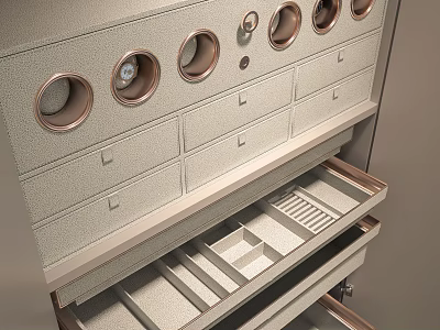 Elegant Decorative Cabinet With Multiple Drawers Circular Holes And Open Storage Compartments 3d model