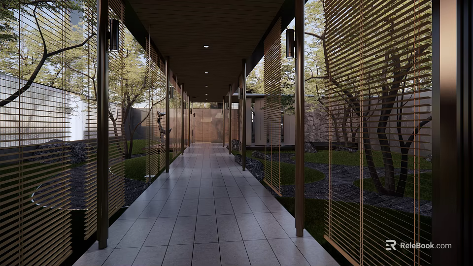 Karesansui Dry Landscape Garden With Covered Walkway Wooden Slats And Stone Path 3d model 