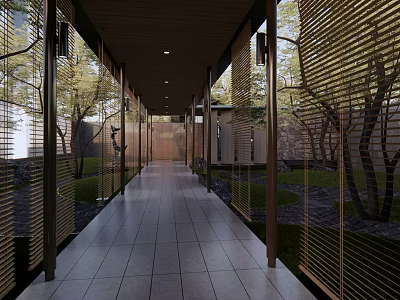 Karesansui Dry Landscape Garden With Covered Walkway Wooden Slats And Stone Path 3d model