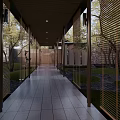 Karesansui Dry Landscape Garden With Covered Walkway Wooden Slats And Stone Path