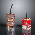 Rusty Silver And Red Can Crafted Candles With Black Wicks On Reflective Surface