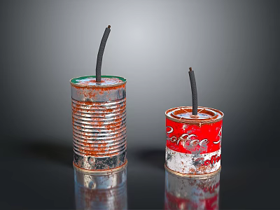 Rusty Silver And Red Can Crafted Candles With Black Wicks On Reflective Surface 3d model