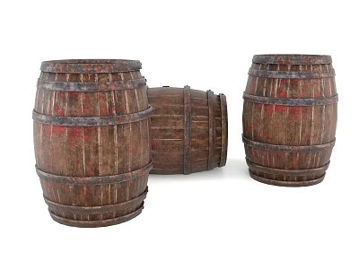 Three Vintage Wooden Barrels With Rustic Stripe Design And Red Accents 3d model