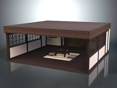 Japanese Style Wooden Pavilion Interior With Tatami Tea Table And Lattice Windows 3d model