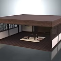 Japanese Style Wooden Pavilion Interior With Tatami Tea Table And Lattice Windows