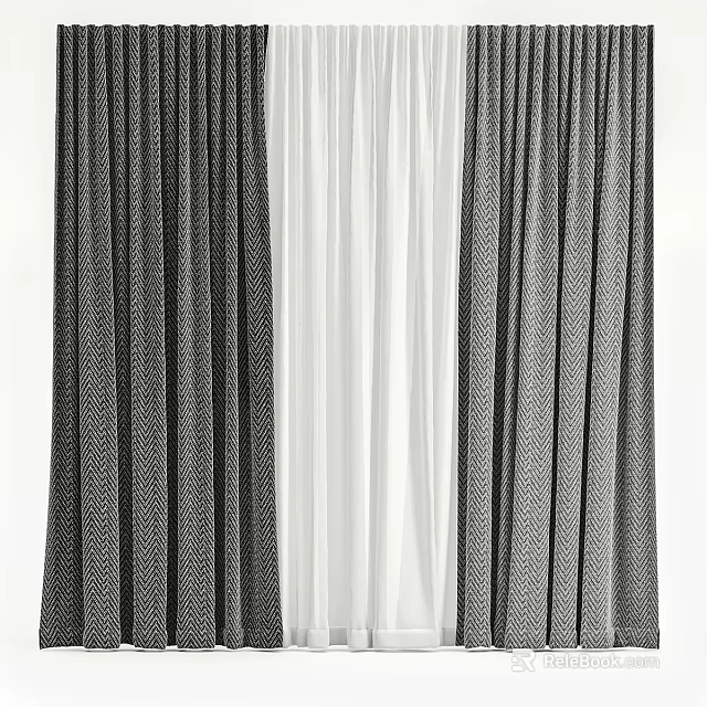 Black And White Striped Textured Curtains With Sheer Middle Panel Design 3d model 