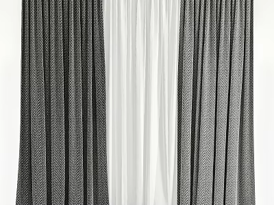 Black And White Striped Textured Curtains With Sheer Middle Panel Design 3d model