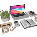 Modern Laptop Workspace With Potted Plant Open Book Coffee Cup And Calculator
