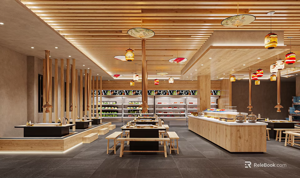 Warm Wooden Restaurant Interior With Open Design Dining Tables And Buffet Counters Lighting 3d model