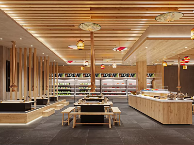 Warm Wooden Restaurant Interior With Open Design Dining Tables And Buffet Counters Lighting 3d model