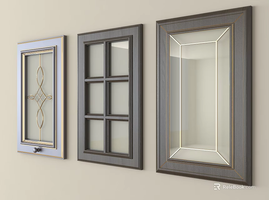 Three Various Window Designs With Decorative Glass Nine Pane And Wooden Frames 3d model 