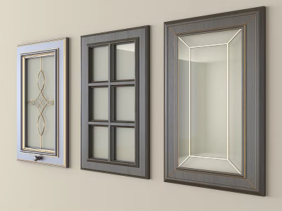 Three Various Window Designs With Decorative Glass Nine Pane And Wooden Frames 3d model
