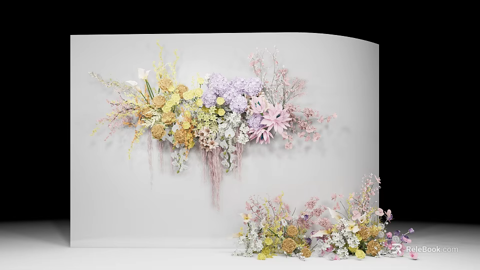 Elegant Floral Display With Wall Mounted And Floor Arrangements Featuring Pastel Yellow Purple Pink Flowers 3d model 